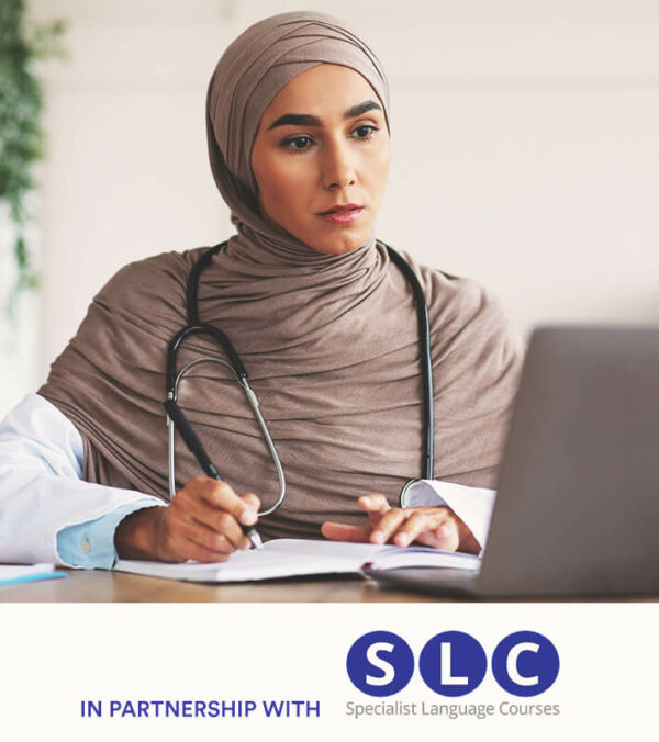 Muslim female doctor having professional online training on laptop, taking notes while watching webinar, sitting at workdesk in clinic, copy space. Training for doctors, professional development