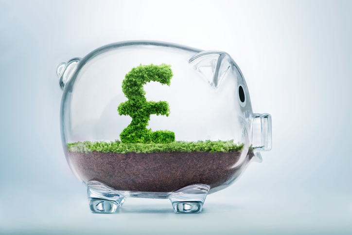 A glass piggybank with soil and a bush inside. The bush is in the shape of a british pound sign to signify growing your savings