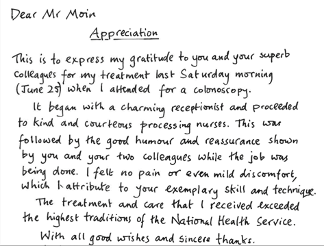 A hand written patient testimonial complimenting ID Medicals Clinical Services
