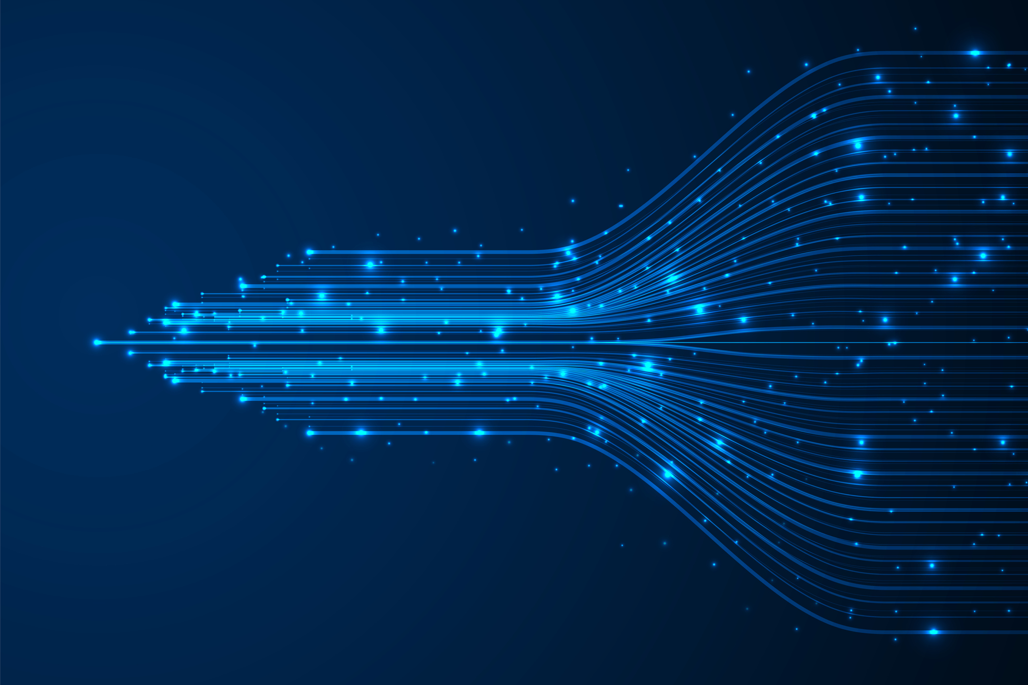 Blue linear lights converging at a central point representing digital information flow