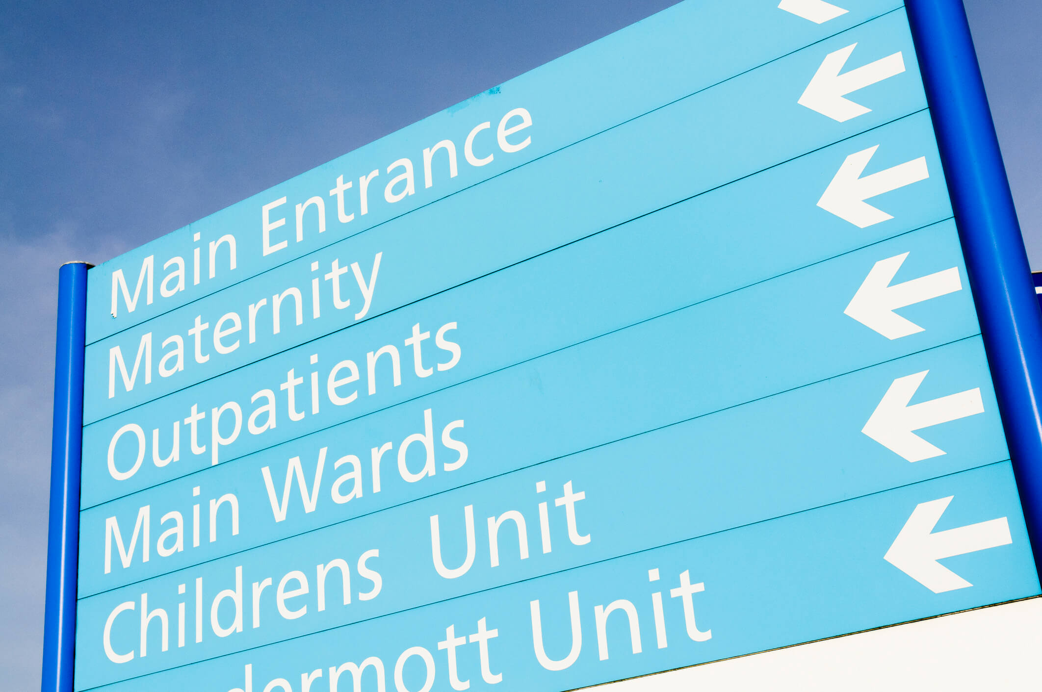 Sign showing directions to various Hospital wards and units