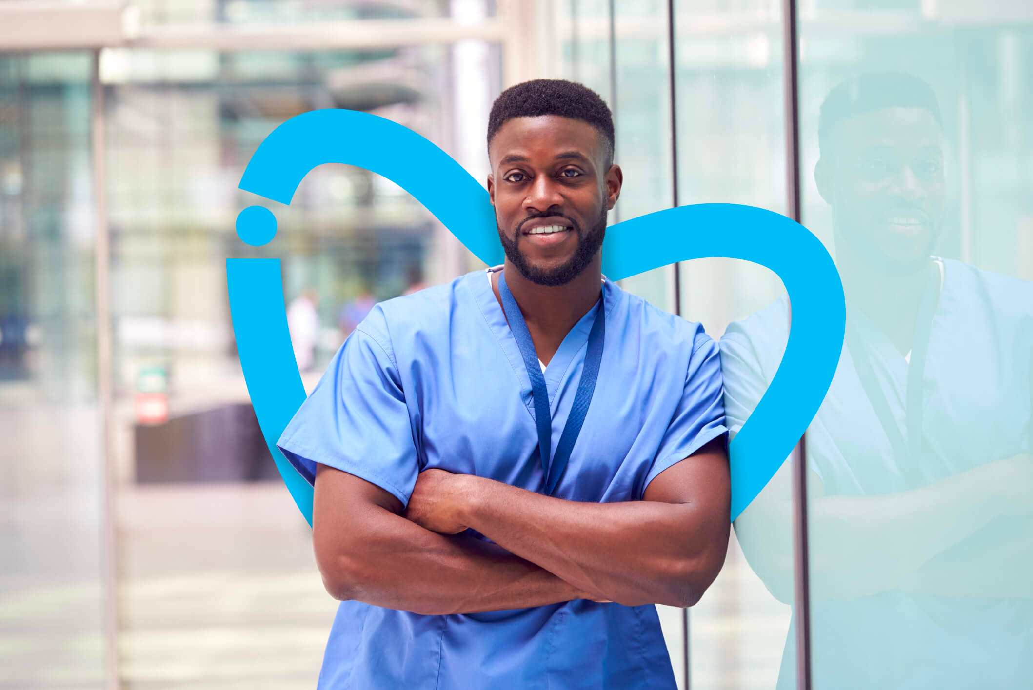 Medical Professional leaning against a window with arms crossed