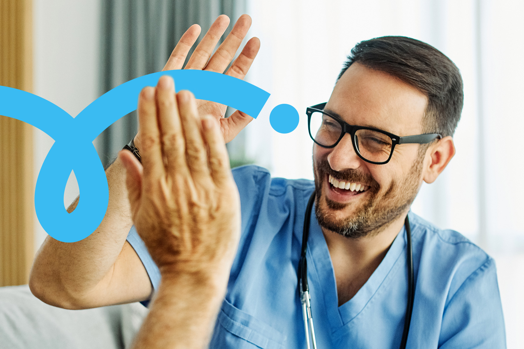 Healthcare professional high fiving a patient, smiling