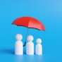 White peg people grouped together as a family under a red umbrella on blue background. Illustration of the concept of family protection plan